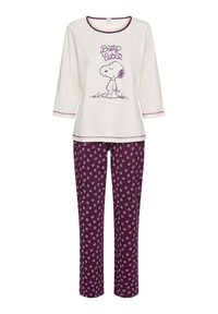 White top with three-quarter sleeves, purple edging, and Snoopy graphic. Purple pajama pants with white heart-shaped patterns. Soft fabric.
