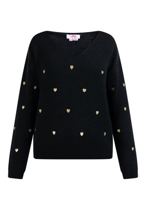 Fekete V-nyakú pulóver hosszú ujjakkal, apró arany szívek teljes mintájával. Puha tapintású, bordázott széllel és mandzsettával.