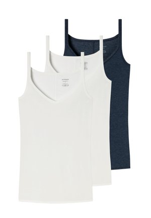 Tre ærmeløse dametoppe med V-udskæring i hvid, off-white og mørkeblå, stablet på en hvid baggrund.