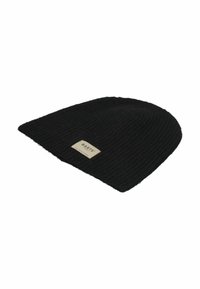 Black knitted beanie with a ribbed texture and a small rectangular fabric label on the side. Fabric is soft and flexible.