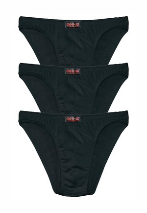 Three pairs of black men's briefs stacked vertically, each with a red and white "H.I.S" brand label on the waistband front center.