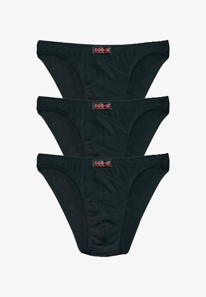 Three pairs of black men's briefs stacked vertically, each with a red and white "H.I.S" brand label on the waistband front center.