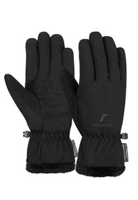 Black gloves made of soft fabric feature a snug fit, elastic cuff, and plush lining. The design includes a textured grip on the palms.