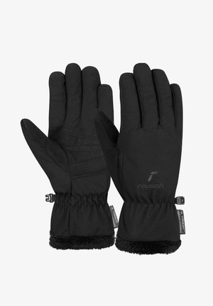 Schwarze Handschuhe aus weichem Stoff bieten einen engen Sitz, ein elastisches Bündchen und ein plüschiges Innenfutter. Das Design umfasst eine strukturierte Grifffläche auf den Handflächen.