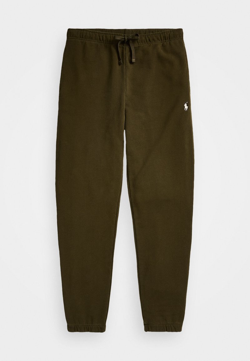 Olive green sweatpants made of soft fabric, featuring an elastic waistband with a drawstring and a small white logo on the left thigh.