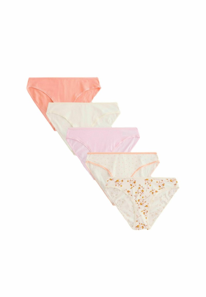 Vijf paar dames katoenen slips in verschillende kleuren: perzik, wit, lichtroze en bedrukt met bloemen. Gladde textuur, middelhoge taille.