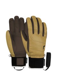 Ski handsker med et ydre af gult og brunt læder, isoleret design, forstærket syning og sorte stofmanchetter med justerbare remme.