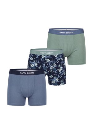 Drei Paar Herren-Boxershorts in Blau, Grün und blauem Blumenmuster mit "HAPPY SHORTS" Taillenbändern.