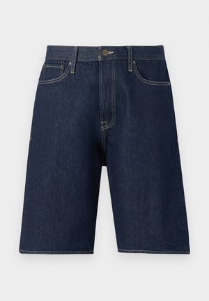 Mørkeblå denim shorts med lige pasform, med knaplukning, bæltesløjfer og tonalt syning. Ingen synlige mønstre eller udsmykninger.
