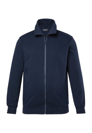 Giacca da uomo blu navy con zip, colletto alla coreana, polsini ed elastico in vita, mostrata frontalmente su sfondo bianco.