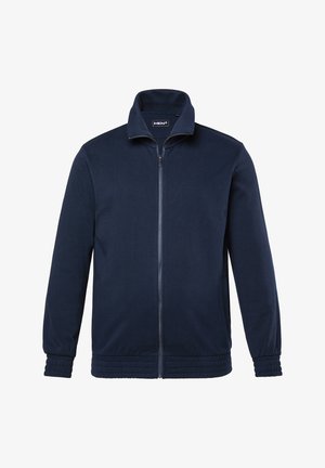 Tummansininen miesten vetoketjullinen takki pystokauluksella, joustavilla hihansuuilla ja vyötäröllä, edestä kuvattuna valkoisella taustalla.