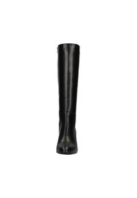 Black leather over-the-knee boots with a smooth texture and pointed toe. Features a slightly curved heel and no visible hardware.