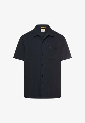 Kurzärmeliges schwarzes Hemd mit Knopfleiste, Kragen, einer Brusttasche und dezentem strukturiertem Muster.