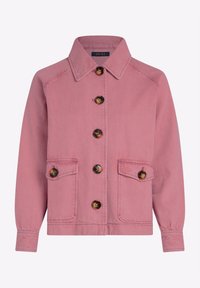 Rosa denimjacka med krage, framknäppning med knappar, två bröstfickor och bruna knappdetaljer. Långa ärmar med manschettdetalj.