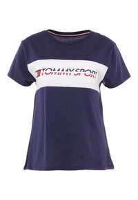 Navy blue cotton t-shirt with short sleeves, featuring a white horizontal stripe and "TOMMY SPORT" logo in red and black across the chest.