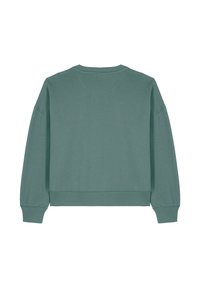 Grüner, kurzer Sweatshirt mit rundem Ausschnitt und langen, leicht puffigen Ärmeln. Strukturierter Stoff mit gerippten Bündchen und Saum.