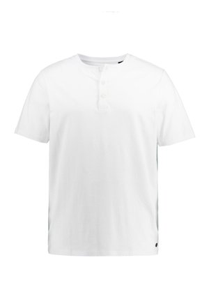 Wit katoenen T-shirt met een ronde hals, korte mouwen, een drieknopsbies en een subtiel logo-accent vlak bij de zoom aan de onderkant.