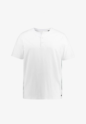 Wit katoenen T-shirt met een ronde hals, korte mouwen, een drieknopsbies en een subtiel logo-accent vlak bij de zoom aan de onderkant.