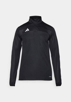 Pullover sport negru, cu mâneci lungi, gât cu fermoar la un sfert, panou superior texturat și accente albe cu logo pe umărul stâng.