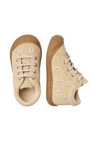 Beige semišové boty se šňůrkami, zdobené květinovou výšivkou a gumovou podešví. Zaoblená špička a měkká podšívka pro pohodlí.