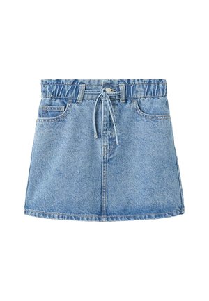 Hellblauner Jeansrock mit elastischem Bund, vorderer Knopfleiste, Kordelzug und Vordertaschen.