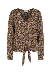 Blusa floreale a maniche lunghe in tessuto scuro. Presenta un orlo anteriore con nodo, scollatura a V e un mix di piccoli fiori rosa, gialli e verdi su uno sfondo nero.