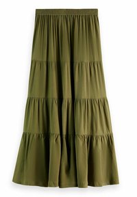Falda verde oliva fluida con un diseño en capas, cintura fruncida y un tejido suave y texturizado. Termina a la altura de la mitad de la pantorrilla.