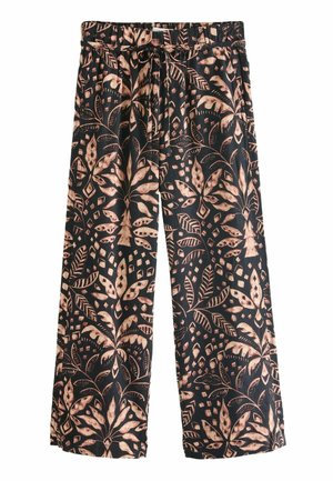 Zwarte wijde broek met beige tropische bladeren en abstracte patronen, elastische tailleband en trekkoord.