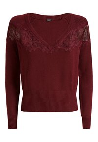 Bordeaux neulepaita V-pääntiellä, jossa on pitsiyksityiskohtia kauluksessa. Raidoitetut hihansuut ja helma tuovat muotoon tekstuuria.