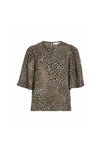 Blusa con stampa leopardata, maniche corte e svolazzate, colletto rotondo e chiusura con zip sul retro, realizzata in un tessuto liscio e leggero.