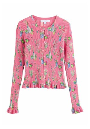 Cardigan roz cu mâneci lungi, texturat cu dungi, decolteu rotund, imprimeu cu vază florală, închidere frontală cu butoane și manșete și tiv cu volane.