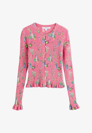 Cardigan roz cu mâneci lungi, texturat cu dungi, decolteu rotund, imprimeu cu vază florală, închidere frontală cu butoane și manșete și tiv cu volane.