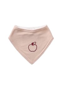 Baumwoll-Lätzchen in zartem Pink mit dreieckiger Form. Mit rotem gesticktem Apfelmotiv in der Mitte und einer weißen Innenauskleidung.