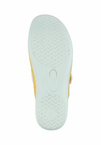 Yellow shoe with a textured, white rubber sole featuring a herringbone pattern. The upper material is soft with a velcro strap detailing.