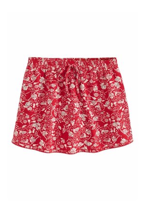 Fustă scurtă cu model floral roșu, talie elastică și șnur de ajustare, dintr-un material ușor.