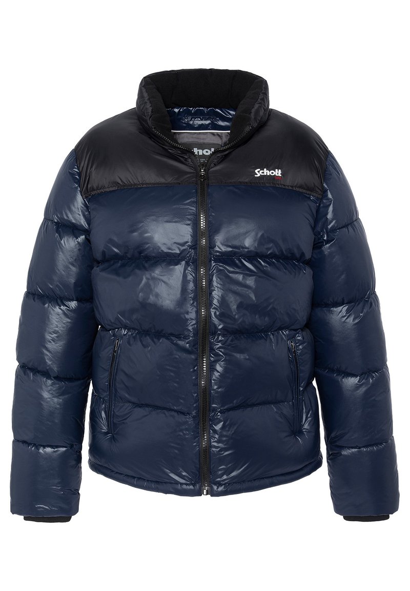 Doudoune bleu marine avec une finition brillante, empiècement en nylon noir, col montant, fermeture éclair à l'avant et poignets élastiqués. Deux poches latérales.