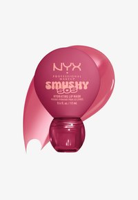 NYX Smushy SOS hydrating lip mask in a pink rounded container with a glossy pink lip mask smudge behind it.