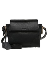 Black leather crossbody bag with textured finish, front flap, angled sides, gold-tone accents, and adjustable strap.