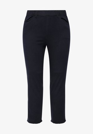 Dunkelblaue, verkürzte Hosen mit elastischem Bund, zwei seitlichen Taschen und ausgefranstem Saum. Aus weichem, atmungsaktivem Stoff gefertigt.