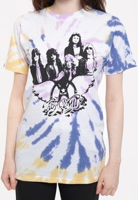 Tie-dye T-shirt featuring purple, yellow, and blue colors. Black graphic of a band with text reading "Aerosmith" at the bottom. Cotton material.