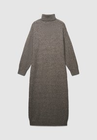 Robe pull longue et marron avec un col haut, fabriquée dans un tissu en maille texturée, dotée d'épaules tombantes et de manches longues.