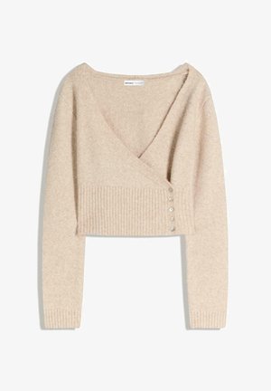 Beżowy krótki kardigan z miękkiego dzianiny, z dekoltem w kształcie litery V, długimi rękawami, prążkowanym wykończeniem i sześcioma dekoracyjnymi guzikami po boku.