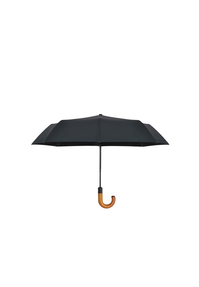 Czarna parasolka z ośmioma panelami na prętach, drewnianym uchwytem w kształcie haka i metalowym zakończeniem. Kompaktowy design, gładka faktura i prosta estetyka.