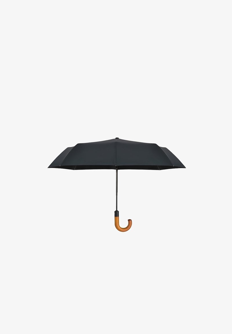 Czarna parasolka z ośmioma panelami na prętach, drewnianym uchwytem w kształcie haka i metalowym zakończeniem. Kompaktowy design, gładka faktura i prosta estetyka.