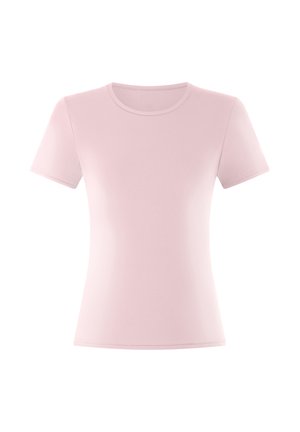 Kurzarmhemd aus weichem rosa Stoff mit rundem Ausschnitt und glattem, nahtlosem Design, geeignet für den Freizeitlook.