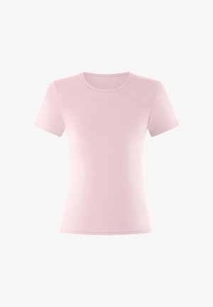 Kurzarmhemd aus weichem rosa Stoff mit rundem Ausschnitt und glattem, nahtlosem Design, geeignet für den Freizeitlook.