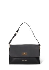 Borsa a mano in pelle nera testurizzata con chiusura a girello in metallo color oro e tracolla regolabile, marchiata "pierre cardin" con lettering dorato.