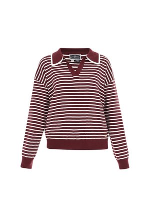 Bordeaux gestreifter Pullover mit V-Ausschnitt und weißem Kragen. Verfügt über lange Ärmel und einen gerippten Saum. Aus weichem Strickgewebe mit lockerer Passform.