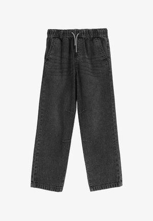 Czarne spodnie dżinsowe z elastycznym paskiem i sznurkiem, dwoma bocznymi kieszeniami oraz luźnym fasonem o prostych nogawkach.