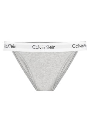 Gray cotton brief with a white elastic waistband featuring black "Calvin Klein" logo. Smooth texture and standard bikini cut design.